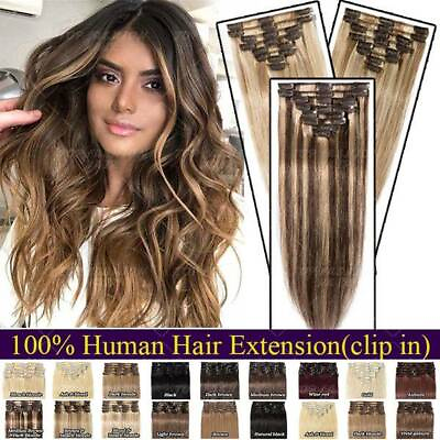 #ad CLEARANCE Clip In 100% Real Human Remy Hair Extensions Full Head Highlight LONG $40.98