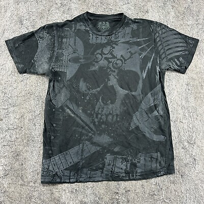 #ad Goth Shirt Mens Large Black Skull Cyber Rock Roll Graphic AOP Short Sleeve $9.95