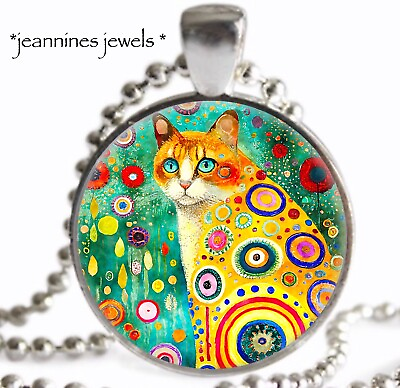 #ad Folk Art Cat NECKLACE Colorful Feline Silver Charm Pendant Kitty Cat Lover Gift $21.99