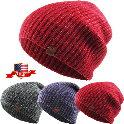 #ad Ribbed Slouch Beanie Winter Ski Skully Striped Heather Colors $7.99