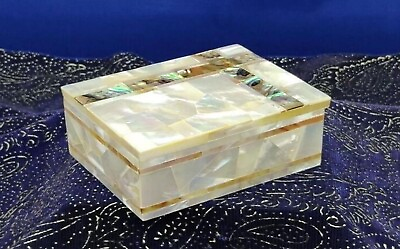 #ad Mother of Pearl Overlay Work Jewelry Box Rectangle White Marble Giftable Box $430.00