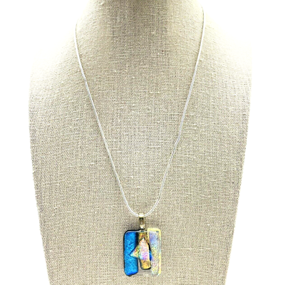 #ad Dichroic Glass Pendant Necklace Silver Tone Snake Chain Modernist Artistic Boho $12.99