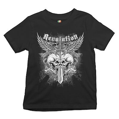 #ad Revolution Gothic Skulls Youth T shirt Angel Wings Skeleton Horror Kids $18.95