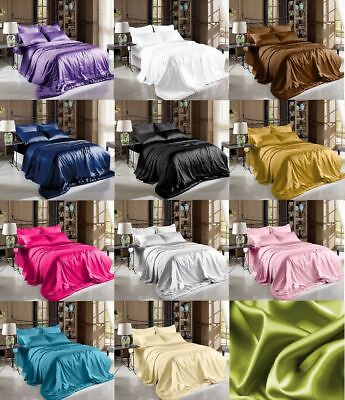 #ad Soft Satin PillowcaseFittedFlat Bed Sheet Set Solid Color Deep Pockets New $23.99