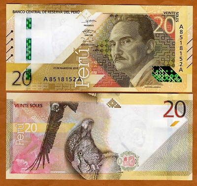 #ad Peru 20 Soles 2019 2022 P New UNC New Redesigned Family of Notes Condor $13.28