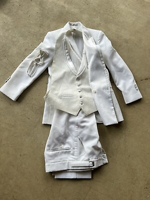 #ad Boys White Tuxedo Jacket with Flat Front Pants Wedding Costume Size 14 26” Waist $49.00