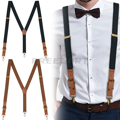 #ad Mens Leather Suspenders Adjustable Elastic Y Shaped Braces Hooks Pants Brace $9.36