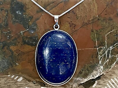 #ad New Beautiful Lapis Lazuli Oval Pendant On 925 Silver Chain Necklace $15.00