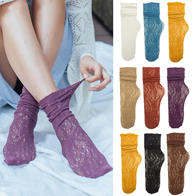 #ad 3Pairs Women Mesh Fishnet Lace Socks Sheer Silky Hollow Glitter Ankle Stockings $8.79