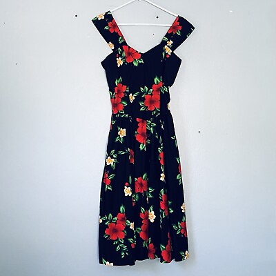 #ad Royal Creations Hawaiian Dress Size Large VINTAGE Black Red Floral Sundress Midi $27.00