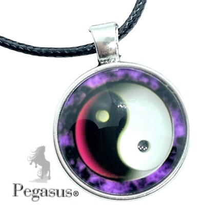 #ad Purple Black White Red Spiritual Ying Yang Yin Yan Glass Cabochon Necklace GBP 7.99
