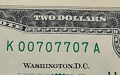 #ad #ad $2 Binary Note K 0070707707 A $2 Fancy Serial Number Two Dollar Bill $48.95