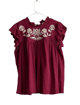 #ad Knox Rose Womens Embroidered Burgundy Short Flutter Sleeve Top Boho Size Large $10.99
