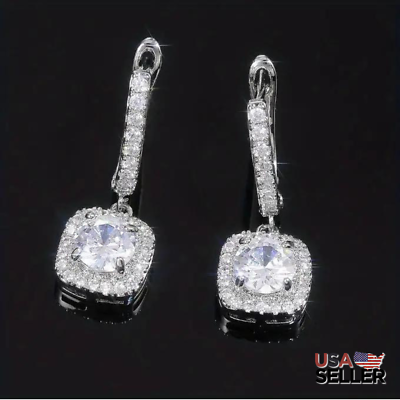 #ad Earrings Sterling 925 Silver Ear Jewelry Square Shape Shiny Zircon Decor Dangle $13.80