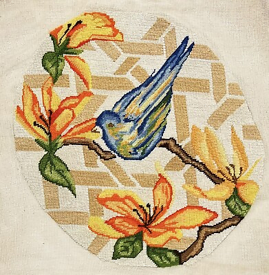 #ad Vintage LA FACTORIE Hand painted Tapestry Needlepoint Canvas Bird Floral $23.74