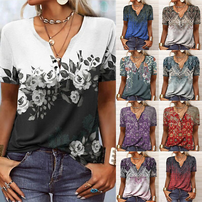 #ad Women V Neck Casual Printed T shirts Ladies Short Sleeve Loose Blouse Top Summer $17.79