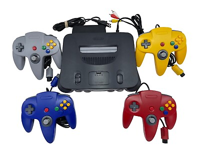 #ad EXCELLENT N64 Nintendo 64 Console UP TO 4 NEW CONTROLLERS Cords CLEANED $129.95