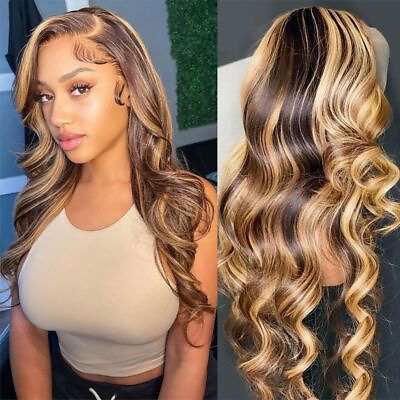 #ad Highlight Honey Blonde Body Wave Lace Front Human Hair Wig Brazilian Hair Women $499.64