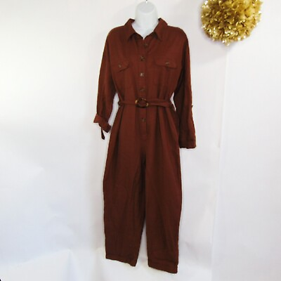 #ad New Look Women#x27;s Cotton Rust Jumpsuit Belted Button Front Size 6 $27.99