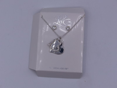 #ad DOUBLE HEART SILVER LOVE NECKLACES ONE PENDENT ONE RHINESTONES W MATCHING STUDS $19.99