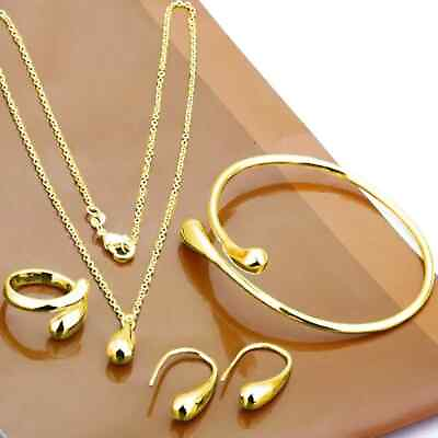 #ad 5 PCS Pendant Necklace Bracelet Earrings Ring Golden Jewelry Set Adjustable Gift $15.98