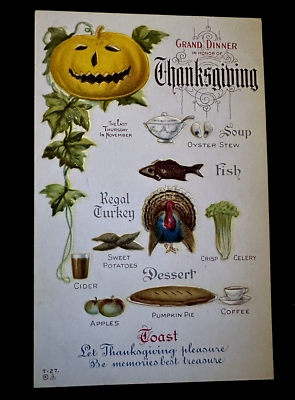 #ad Grand Dinner Menu Food Turkey Soup JOL Pumpkin 1910 Thanksgiving Postcard h670 $14.00