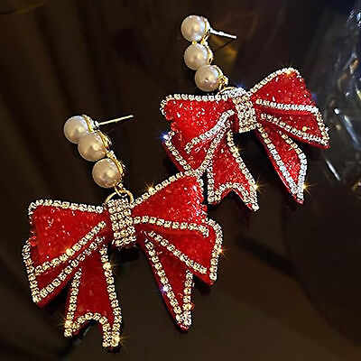 #ad 1 PAIR Fashion GORGEOUS IMPRESSIVE RED BOWKNOT RHINESTONE PEARL EARRINGS US $13.98
