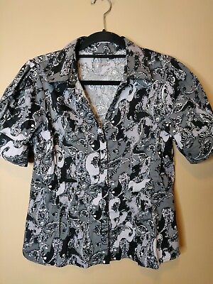 #ad Apt. 9 women#x27;s PL blouse black amp; gray print button up short sleeve pleated front $19.95