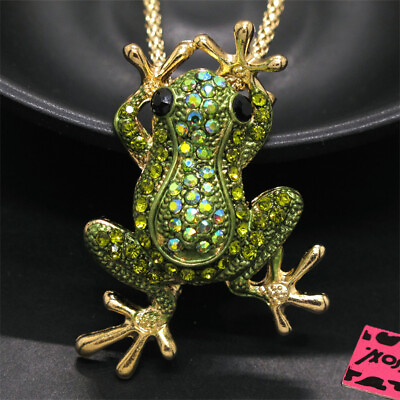 #ad New Fashion Women AB Green Rhinestone Cute Frog Crystal Pendant Chain Necklace $3.95