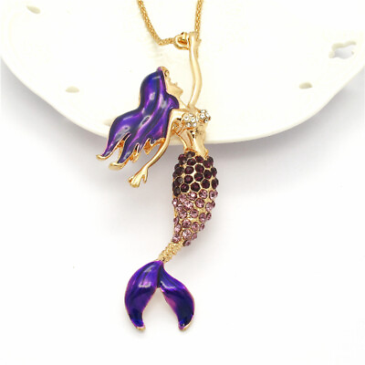 #ad New Fashion Women Shiny Mixed Crystal Purple Enamel Mermaid Pendant Necklace $3.95