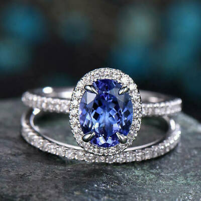 #ad 14k White Gold Lab Created 2CT Blue Tanzanite amp; Diamond Engagement Ring Set $242.67