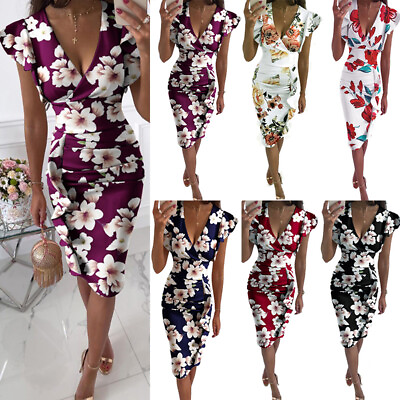 #ad ❀Womens Floral V Neck Wrap Dress Ladies Evening Party Cocktail Bodycon Dresses C $21.24