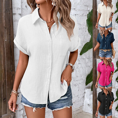 #ad Women#x27;s Short Sleeve Tunic Shirt Casual Blouse Loose Summer Button Tops T Shirt $18.98