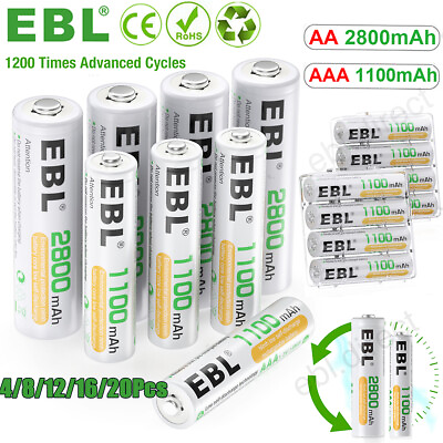 EBL AAA AA NI MH Rechargeable Batteries 2800mAh 1100mAh Box For Flashlight Lot $15.99