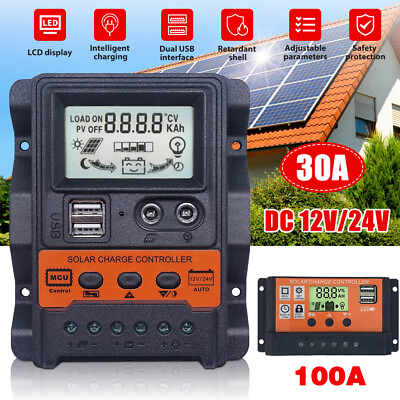 #ad 12 24V 30 100A MPPT PWM Solar Charge Controller Panel Battery Regulator Dual USB $9.99