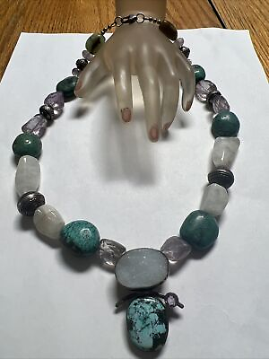 #ad Nice Handmade Sterling Silver Turquoise Amethyst Moonstone Bead Necklace $59.00