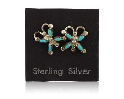 #ad Zuni Earrings 925 Silver Sleeping Beauty Butterfly Turquoise Native Artist C80s $79.00