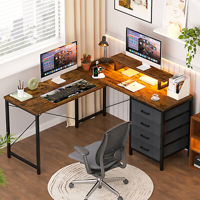 #ad 2024 NEW L Shaped Home Office Desk W File Drawer Computer Desk LED Gaming Desk $148.99