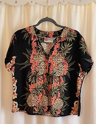 #ad Hilo Hattie Women’s Hawaiian Original Button Up Short Sleeve Blouse Top Floral $19.96
