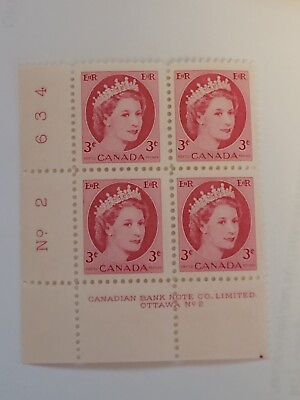 #ad 1954 Canada Post 3c Queen Elizabeth II 339 Plate Block 2 Left Bottom Block C $135.00