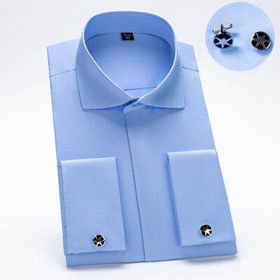 #ad Mens Dress Shirts French Cuff Long Sleeves Formal Business Camisas Shirts Tops $27.30
