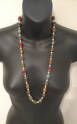 #ad Antique Long Necklace Womens Beads Gold Tone blue orange purple $695.00
