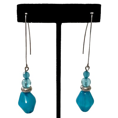 #ad French Wire Aqua Bead Dangle Earrings Drop Ocean Beach Turquoise Silver Tone $12.74