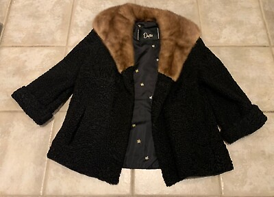 #ad VINTAGE 70#x27;s Dayton#x27;s Black Coat with Fur Accents Black Brown RARE Women’s $84.95