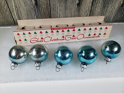 #ad BLUE SHINY BRITE Christmas Glass Ornaments Original Box Set Of 5 Light Vintage $15.99