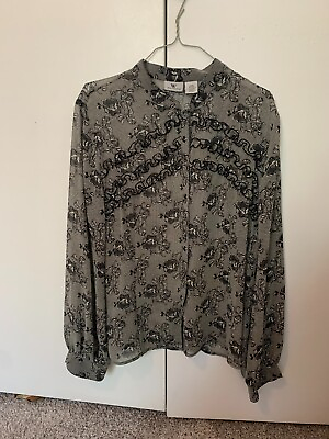 #ad Worthington Women#x27;s Size Large Printed Ruffled Long Sleeve Button Up Top $8.99