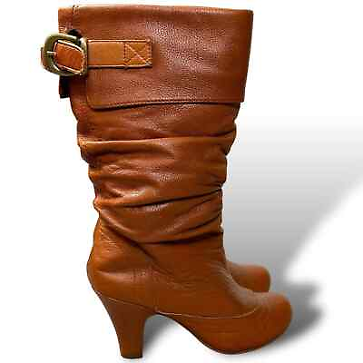 #ad Steve Madden 6 Leather Ruched Mid Calf Boots Cognac Brown 3.25quot; Heel Legion 90s $24.00