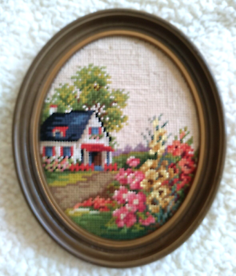 #ad Vintage House and Flowers Oval Finished Needlepoint with Wooden Frame 10” X 8” $10.99