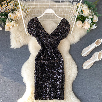 #ad Lady Sequin Glitter Dress Short Bodycon V Neck Low Cut Party Clubwear Sexy Shiny $29.73
