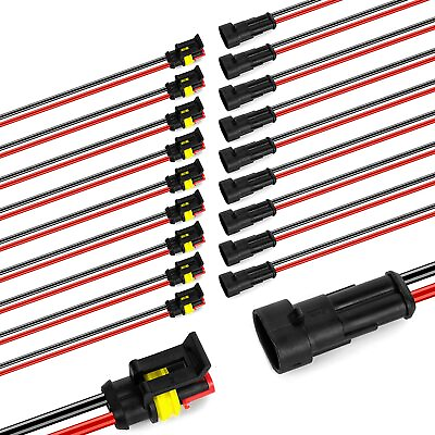#ad 10 Pairs 2 Pin Way Car Waterproof Electrical Connector Plug with Wire AWG Marine $8.59